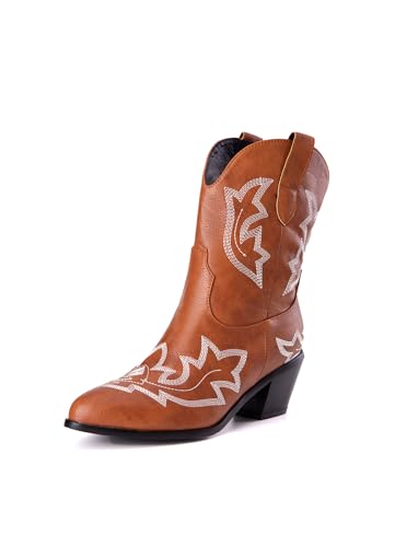 OTMYIGO Cowgirl Booties Damen Stiefeletten mit Stickerei, Retro Roman Low Chunky Heel Mid-Calf Stiefel Western Short Tube Boot,Light Brown,40 von OTMYIGO