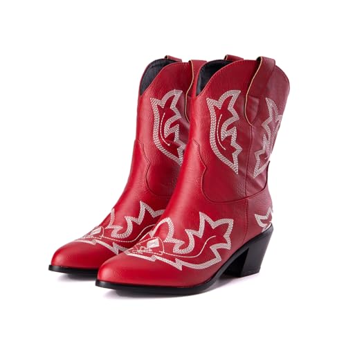 OTMYIGO Cowgirl Booties Damen Stiefeletten mit Stickerei, Retro Roman Low Chunky Heel Mid-Calf Stiefel Western Short Tube Boot,Rot,40 von OTMYIGO