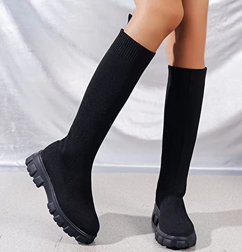 OTMYIGO Damen Stiefel Overknee Socken Schuhe 2023 Winter Stretch Socken Stiefel Overknee Stiefel Damen Dicke Untere Schlanke High Heel Große Runde Zehenstiefel,Schwarz,39 von OTMYIGO