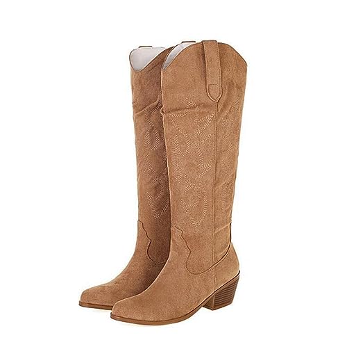 OTMYIGO Damen-Western-Cowgirl-Cowboystiefel, klobige Block-Stiefel mit spitzem Zehenbereich, mittelhohe Stiefel für Damen, kniehoch, breite Waden, Pelzfutter, Winter-Slip-on-Reiterstiefel,Beige,40 von OTMYIGO