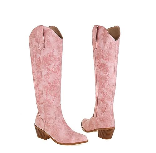OTMYIGO Damen-Western-Cowgirl-Cowboystiefel, klobige Block-Stiefel mit spitzem Zehenbereich, mittelhohe Stiefel für Damen, kniehoch, breite Waden, Pelzfutter, Winter-Slip-on-Reiterstiefel,Rosa,39 OTMYIGO Damen-Western-Cowgirl-Cowboystiefel, klobige Block-Stiefel mit spitzem Zehenbereich, mittelhohe Stiefel für Damen, kniehoch, breite Waden, Pelzfutter, Winter-Slip-on-Reiterstiefel,Rosa,39 von OTMYIGO