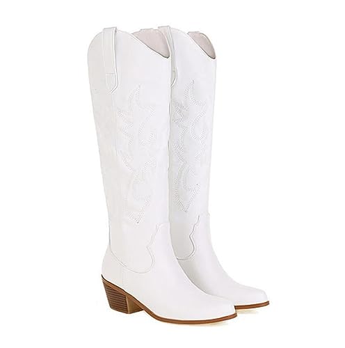 OTMYIGO Damen-Western-Cowgirl-Cowboystiefel, klobige Block-Stiefel mit spitzem Zehenbereich, mittelhohe Stiefel für Damen, kniehoch, breite Waden, Pelzfutter, Winter-Slip-on-Reiterstiefel,Weiß,39 OTMYIGO Damen-Western-Cowgirl-Cowboystiefel, klobige Block-Stiefel mit spitzem Zehenbereich, mittelhohe Stiefel für Damen, kniehoch, breite Waden, Pelzfutter, Winter-Slip-on-Reiterstiefel,Weiß,39 von OTMYIGO
