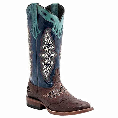 OTMYIGO Damenstiefel, Vintage Chunky Heel Western Cowboystiefel Mid Calf Boot Square Toe Lederstickerei Reitstiefel,Blau,39 von OTMYIGO