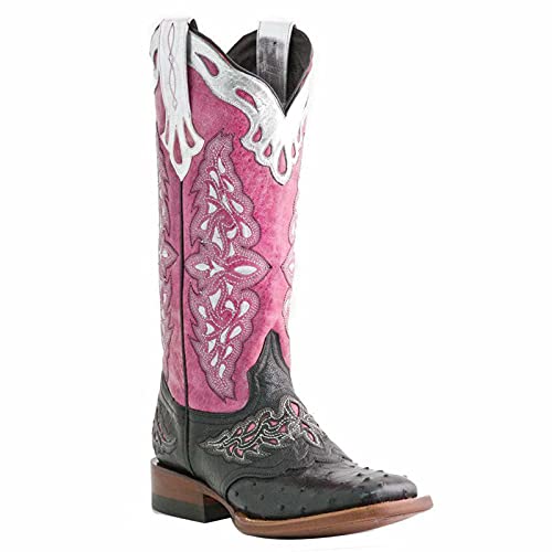 OTMYIGO Damenstiefel, Vintage Chunky Heel Western Cowboystiefel Mid Calf Boot Square Toe Lederstickerei Reitstiefel,Rosa,40 von OTMYIGO