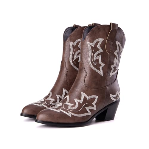 OTMYIGO Dark Brown,47, Kurze Cowboystiefel für Damen, Dicke Wadenabsätze, spitzer Kopf, bestickte Vintage-Westernstiefelette von OTMYIGO