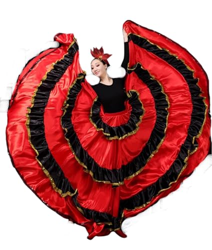 OTMYIGO Erwachsene Bauchtanz Rock Weibliche Spanisch Flamenco Rock Frauen Zigeuner Bauchtanz Kostüme Ballsaal Big Swing Kleid,Red 720°,XL von OTMYIGO