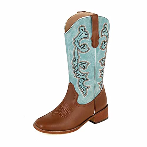 OTMYIGO Frau Spleißen Mid Calf Boots, 2022 Vintage Western Cowboystiefel Stickerei genähte Square Toe Low Heel Reitstiefel,Gelb,40 von OTMYIGO
