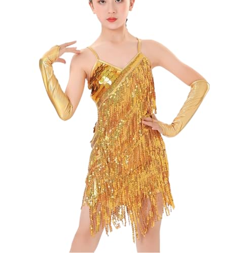 OTMYIGO Gold,S, Kinder Pailletten Latein Tanz Quaste Kleid Mädchen Gesellschaftstanz Show Wettbewerb Kleid Tango Salsa Tango Tanz Outfit Bühnenkostüm von OTMYIGO