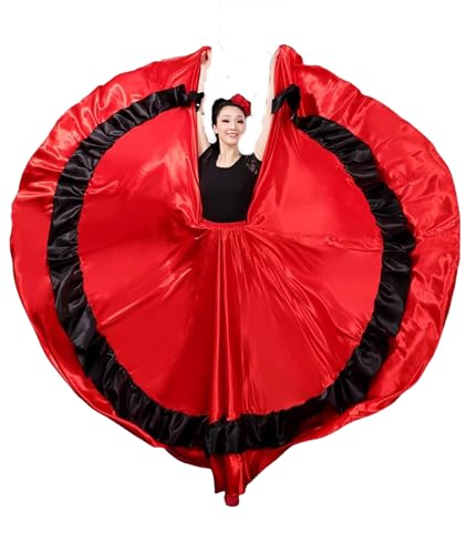 OTMYIGO Langes Damen-Tanzkleid aus Satin, Ballsaalrock für Bauchballsaal, Flamenco, Zigeuner, Walzer, Tangokleid, Kostüm,Red 720°,M von OTMYIGO