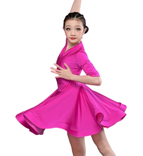 OTMYIGO Lateinisches Tanzkleid für Mädchen, mittlere Ärmel, Kinder-Ballsaal, Rumba, Samba, Kleid, Röcke, Wettkampf, Tanzbekleidung für Tanzschulshows,Rose red,130 von OTMYIGO