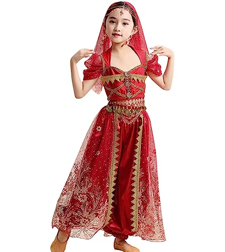 OTMYIGO Mädchen Bauchtanz Indisches Kostüm Bollywood Kinder Arabische Prinzessin Bauchtänzerin tragen Halloween Wear Karneval Sets Party Rock Kleid Kostüm,Rot,XL von OTMYIGO