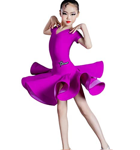 OTMYIGO Mädchen-Lycra-Baumwoll-Latein-Tanzkleid für Mädchen-Kind-Wettbewerb Ballsaal-Tango-Salsa-Tanzkleidung Übungstanz-Wettbewerbskleidung,Lila,150 von OTMYIGO