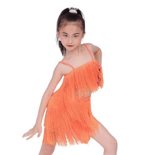 OTMYIGO Orange,170, Mädchen Latein Tanzkleid Fransen Gesellschaftstanz Turnierkleid Kinder Quaste Tanzkleid Samba Tango Rumba Cha Cha Tanzbekleidung von OTMYIGO