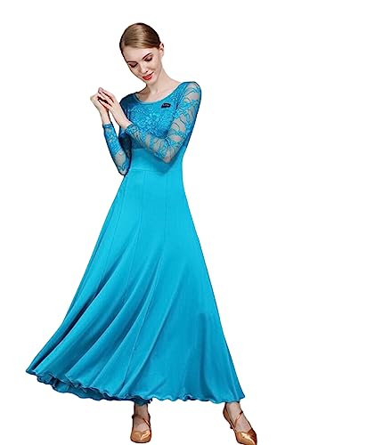 OTMYIGO Peacock Blue,S, Tanzkleid für Gesellschaftstanzwettbewerbe für Damen, Spitzen-Walzer-Tanzkleidung für Erwachsene, Standard-Gesellschaftstanz-Aufführungskostüme von OTMYIGO