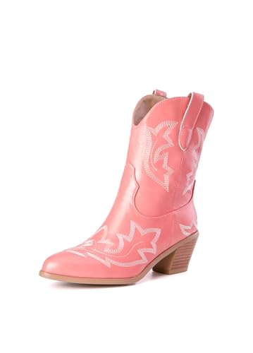 OTMYIGO Rosa,44, Kurze Cowboystiefel für Damen, Dicke Wadenabsätze, spitzer Kopf, bestickte Vintage-Westernstiefelette von OTMYIGO