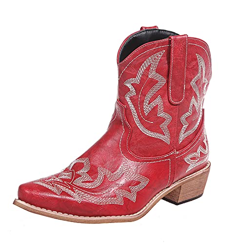 OTMYIGO Rot,38, Damen bestickte Pull-On-Stiefeletten mit klobigem Absatz, Western-Cowboy-Kurzstiefel, Vintage-Herbst-Winter-Stiefel mit mittlerer Wade von OTMYIGO