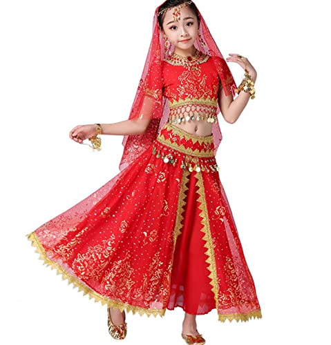 OTMYIGO Rot,M,Bauchtanzkleid für Mädchen, 5-teiliges Set, Bollywood, indisches Kinder-Kostüm, arabische Show, Karnevals-Outfit von OTMYIGO