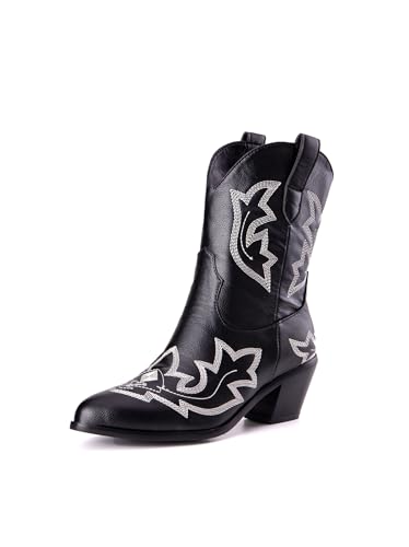 OTMYIGO Schwarz,38, Kurze Cowboystiefel für Damen, Dicke Wadenabsätze, spitzer Kopf, bestickte Vintage-Westernstiefelette von OTMYIGO