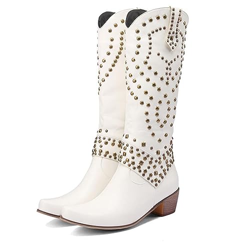 OTMYIGO Western-Cowgirl-Cowboystiefel für Damen, Vintage-Pull-on-Stiefel mit mittlerer Wade und Stickerei, Kniehohe Stiefel. Herbstliche, mit Nieten besetzte Reitstiefel,Weiß,42 OTMYIGO Western-Cowgirl-Cowboystiefel für Damen, Vintage-Pull-on-Stiefel mit mittlerer Wade und Stickerei, Kniehohe Stiefel. Herbstliche, mit Nieten besetzte Reitstiefel,Weiß,42 von OTMYIGO
