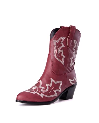 OTMYIGO Wine red,40, Kurze Cowboystiefel für Damen, Dicke Wadenabsätze, spitzer Kopf, bestickte Vintage-Westernstiefelette von OTMYIGO