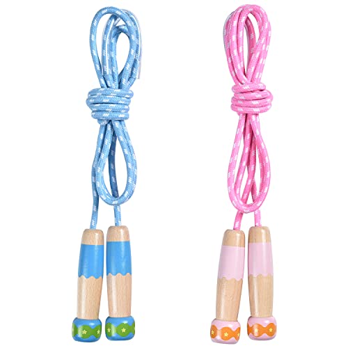 OTraki Springseil Kinder Verstellbare 2 Stück hüpfseil Kinder Rope Skipping Seil mit Holzgriff und Baumwollseil für Jungen und Mädchen Fitness Training Fett Brennen Übung 250 cm von OTraki