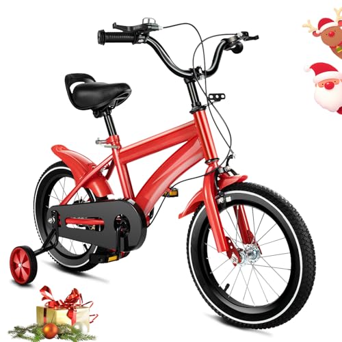 OUBUBY 14 Zoll Kinderfahrrad für 2-4 Jahre Mädchen & Jungen,14 Zoll Kinderfahrrad mit Stabilisatoren & Handbremsen,Stützräder Kann bis zu 110lbs Kinderrad (Rot) von OUBUBY