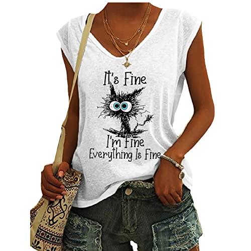 OUHZNUX Its Fine Im Fine Everything is Fine T-Shirt Mit Lustigem Katzendruck, Street Cute, Ärmelloses Tanktop-Sweatshirt, Damenmode, Lässig, Bequem, Kurzarm-Pullover (S-3XL) von OUHZNUX