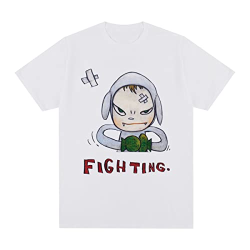 OUHZNUX Yoshitomo Nara Fighting Bedrucktes Baumwoll-T-Shirt, Mode-Cartoon, lockerer, lässiger, bequemer Kurzarm-Pullover, Straßen-Hip-Hop-Unisex-Sportoberteil (XS-3XL) von OUHZNUX