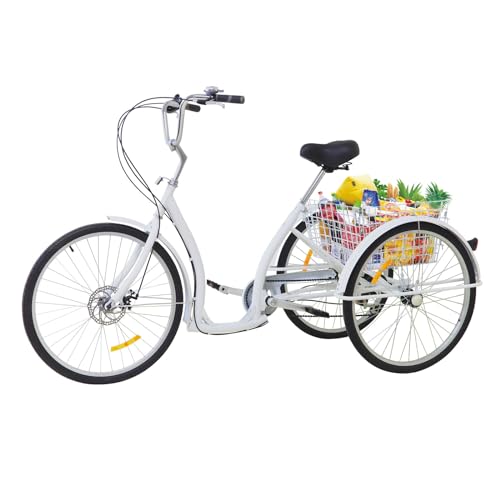 OUKANING 26 Zoll 6-Gang Dreirad mit tiefeinstieg für Erwachsene Senioren 3 Rad Fahrrad Erwachsene Dreirad Tricycle mit Einkaufskorb weiß,Belastung: 120 kg,Sitzhöhe: 84–96 cm von OUKANING