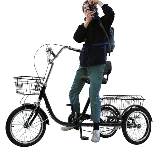 OUKANING Fahrrad Mit 3 Rädern Für Erwachsene 16 Zoll Für 1.45-1.70m, Single Speed Erwachsenen Dreirad Aus Hochkohlenstoffstahl, Mit 2 Korb, Max Kapazität 150kg, Geschenk (Schwarz) von OUKANING