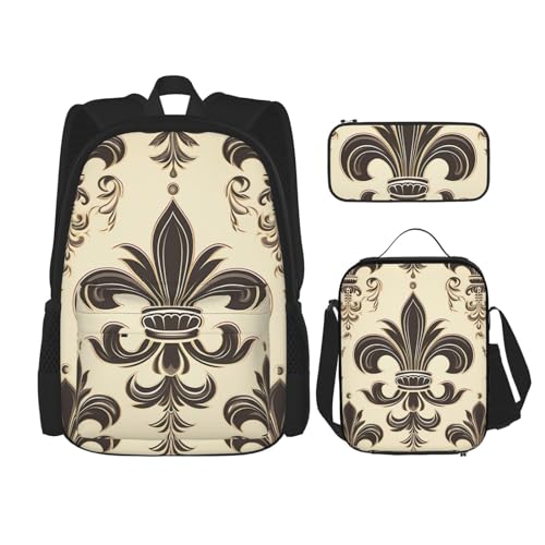 OUSIKA 3-teiliges Rucksack-Set, Fleur-de-Lis und Mantelarme, Ritter-Druck, lässiger Tagesrucksack mit Lunchbox, Federmäppchen für Damen und Herren, Schwarz, Einheitsgröße, Schwarz , Einheitsgröße von OUSIKA