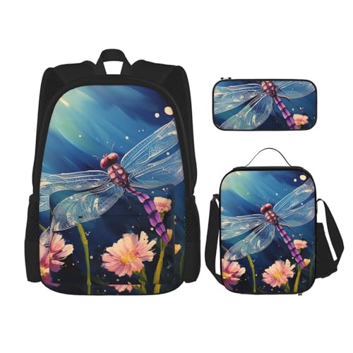 OUSIKA 3-teiliges Rucksack-Set mit Blumenmotiv und Libellen-Druck, lässiger Tagesrucksack mit Lunchbox, Federmäppchen für Damen und Herren, Schwarz , Einheitsgröße von OUSIKA