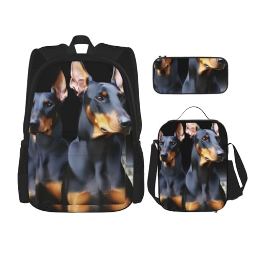 OUSIKA 3-teiliges Rucksack-Set mit Dobermann-Druck, lässiger Tagesrucksack mit Lunchbox, Federmäppchen für Damen und Herren, Schwarz, Schwarz , Einheitsgröße von OUSIKA