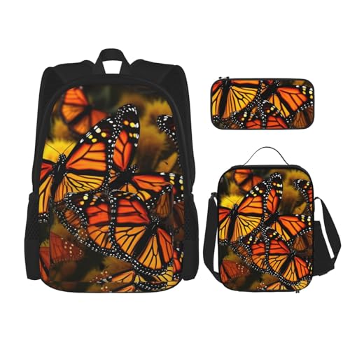 OUSIKA 3-teiliges Rucksack-Set mit Monarch-Schmetterlings-Aufdruck, lässiger Tagesrucksack mit Lunchbox, Federmäppchen für Damen und Herren, Schwarz, Schwarz , Einheitsgröße von OUSIKA