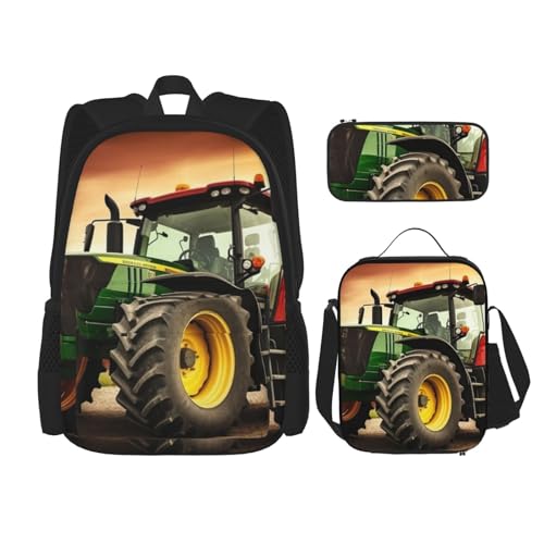 OUSIKA 3-teiliges Rucksack-Set mit Traktor-Motiv, lässiger Tagesrucksack mit Lunchbox, Federmäppchen für Damen und Herren, Schwarz , Einheitsgröße von OUSIKA