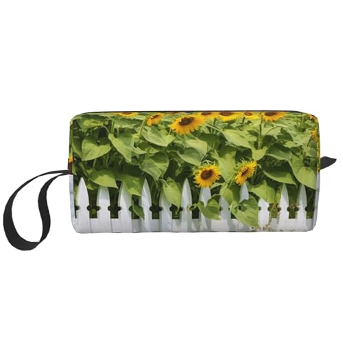 OUSIKA Kosmetiktasche mit Sonnenblumen-Motiv, weiße Lattenzaun-Kosmetiktasche für Damen, tragbare Make-up-Tasche, Reise-Aufbewahrungstasche, für den täglichen Gebrauch, Kulturbeutel, große Kapazität, von OUSIKA