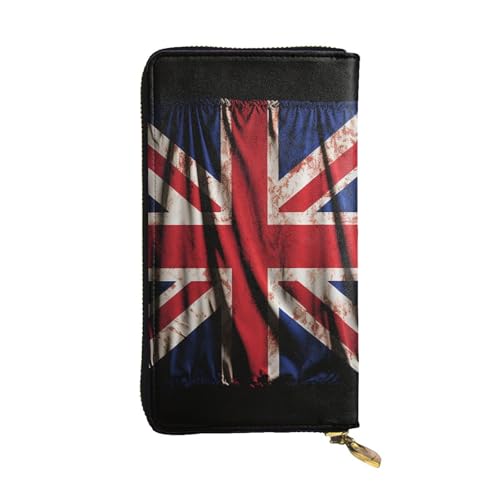 OUSIKA Ledergeldbörse für Damen und Herren, Clutch, Geldetui, großes Kreditkartenetui, britische Flagge auf schwarzem Hintergrund, Brieftaschen mit Reißverschluss, Handyhalter, lange Reisebrieftasche, von OUSIKA