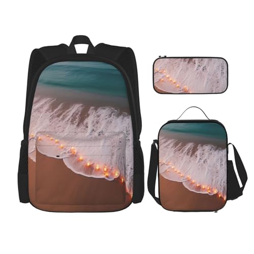 OUSIKA Romantischer Strand, 3-teiliges bedrucktes Rucksack-Set, lässiger Tagesrucksack mit Lunchbox, Federmäppchen für Damen und Herren, Schwarz, Schwarz , Einheitsgröße von OUSIKA