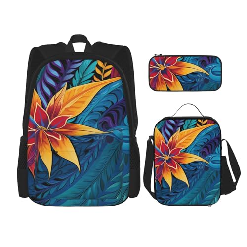 OUSIKA Rucksack, Motiv: tropische Blätter, Tribal-Design, lässiger Tagesrucksack mit Lunchbox, Federmäppchen für Damen und Herren, Schwarz, Einheitsgröße, Schwarz , Einheitsgröße von OUSIKA