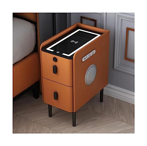 Einfacher Nachttisch, intelligenter Nachttisch, Leder-Beistelltisch, kabellose Ladestation, Nachttisch, Bluetooth-Schloss, USB, 2 Schubladen, LED (Orange, 30 x 40 x 50 cm) Vision von OUZBEM