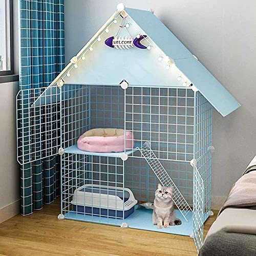 OUZBEM Katzenkäfig für den Innenbereich, 2-stöckig, Katzenhütte, Katzenhütte aus Metall, langlebiges Haustiergehege für den Innenbereich mit Katzentoilette, Katzenhängematte – für Kaninchen, Hasen, von OUZBEM