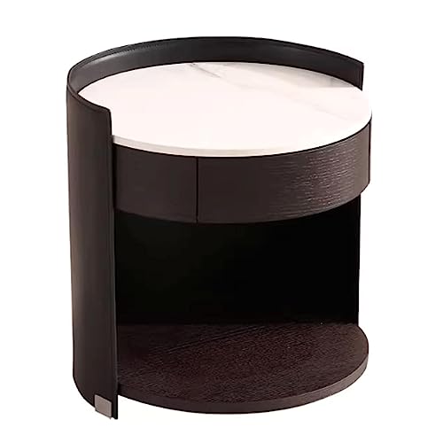 OUZBEM Schlichter Nachttisch, luxuriöser runder Beistelltisch aus Holz, Marmorplatte, Nachttisch mit Schublade, Nachttisch, Leder, moderner Nachttisch (schwarz, 47 x 47 x 49 cm) Vision von OUZBEM