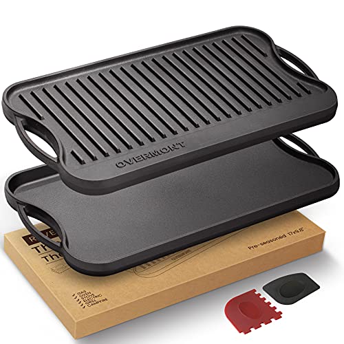 OVERMONT Gusseisenplatte Grillplatte Gusseisen Doppelseitiger Grill mit Griffen 43,2 x 24,9 cm für BBQ Ofen Herd Holzkohlegrill Gasgrill von OVERMONT