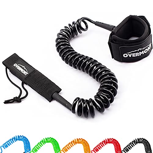 OVERMONT Surfboard Leash 7mm 10 Füße TPU Paddle Leash mit Fußschlaufe Klettverschluss für Stand Up Paddle Board Surfboard Schwarz von OVERMONT