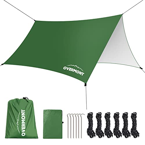 Overmont Camping Zeltplane 3m x 3m Tarp Multifunktional Tragbar Sonnensegel mit 6 Heringe und 6 Seilen Sonnenschutz für Hängematte Outdoor Reisen Picknick Grün von OVERMONT