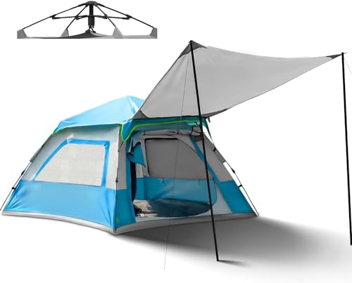 Overmont Camping Pop up Zelt mit Tarp - Automatische Zelt 2-4 Personen - Familie Kuppelzelt 3-4 Saison Wasserdicht mit abnehmbares Regenverdeck - für Trekking Outdoor Wanderausflug von OVERMONT