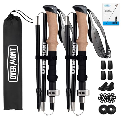 Overmont Wanderstöcke Faltbar Aluminium Ultraleicht - Verstellbar 105-125 cm Trekkingstöcke - Nordic Walking Stöcke 1 Paar mit All-Terrain Zubehör Schwarz von OVERMONT