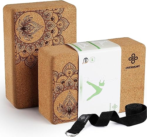 Overmont Yogablöcke Kork 2er Set Yogaklotz - Yoga Block mit Yoga Gurt - Korkblock für Fitness Pilates Stretching und Meditation von OVERMONT