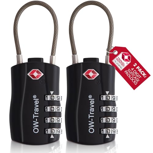 OW-Travel Kabelschloss 4 Stellig Zahlenschloss Kofferschloss Vorhängeschloss Gepäckschloss Sicherheitsschloss TSA Lock Cable USA Schloss Zahlencode für Reisekoffer Spind Rucksack Luggage:2 Schwarz von OW-Travel