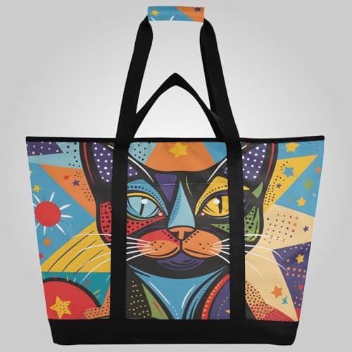 Isolierte Kühltasche, abstrakte moderne Kunst, Katze, Sterne, faltbar, wiederverwendbar, Lebensmitteltasche von OWFKAY